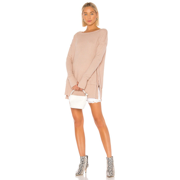 Free People Thermal Top Small Sand Beige Waffle Knit Long Sleeve Oversized - Picture 10 of 14